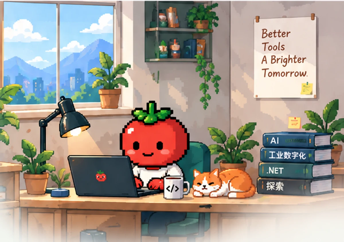 大番茄在书桌前工作，猫咪在旁边休息